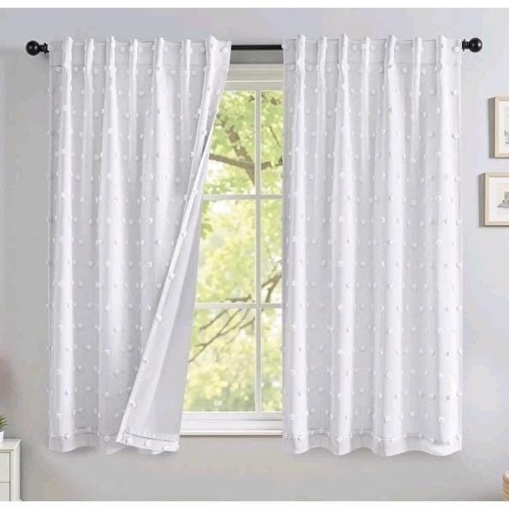White Pom Pom Curtain MYSKY HOME 100% Blackout Curtains Sheer 50x63 2 Panels NEW